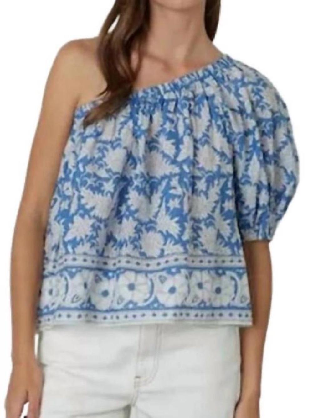Velvet by Graham & Spencer Blue and White One-Shoulder Puff Sleeve Top